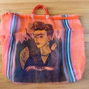 Frida Kahlo Large Market Tote Bag Mexico Mesh Printed Orange